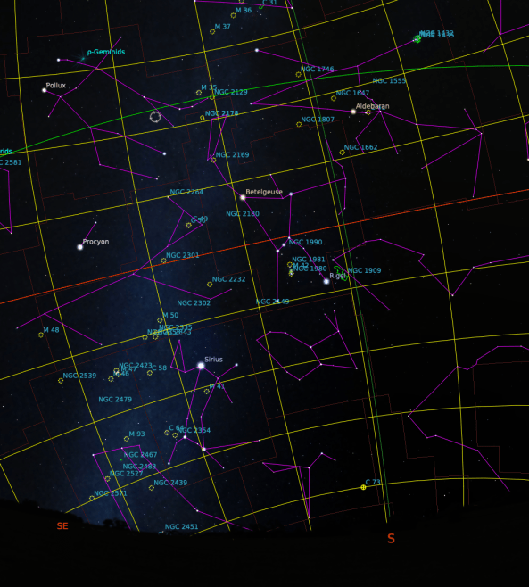Orion with Betelgeuse as it would appear at 9:00pm from mid-northern latitudes tonight (January 15)