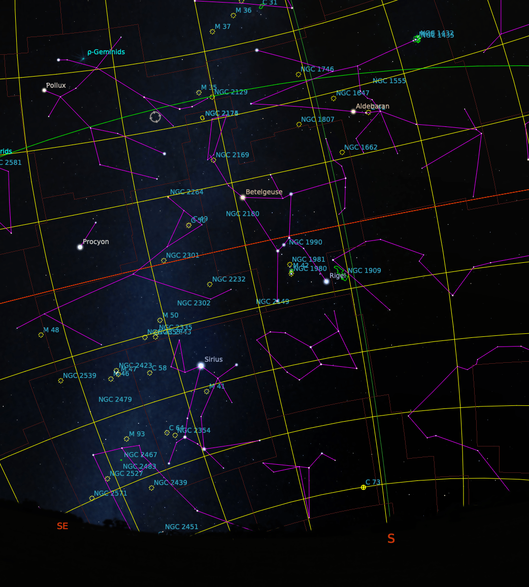 Orion with Betelgeuse as it would appear at 9:00pm from mid-northern latitudes tonight (January 15)